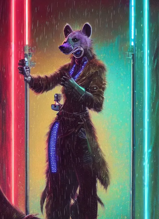 Image similar to beautiful full-body portrait commission of a [female furry anthro!!! spotted hyena fursona] [wearing jedi robes] [in a cyberpunk city at night in the rain]. Neon light. Atmospheric. Renowned character illustration by greg rutkowski, thomas kindkade, alphonse mucha, loish, norman rockwell. detailed, dungeons and dragons character art