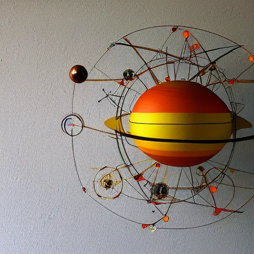 Image similar to a kinetic sculpture of this solar system, sun, orrery, canon 5 d 5 0 mm lens, papier - mache, studio, circa 2 0 0 8