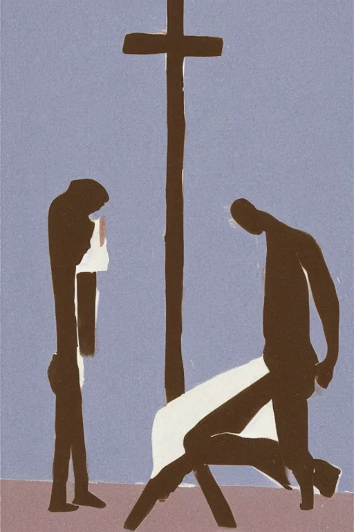 Image similar to man kneeling on the ground in front of a wooden cross, 1960’s minimalist advertising illustration, painterly, expressive brush strokes