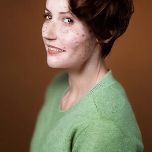 Prompt: 3 1 year old woman, short brown hair, freckles, green eyes, grey sweatshirt, rococo, elegant