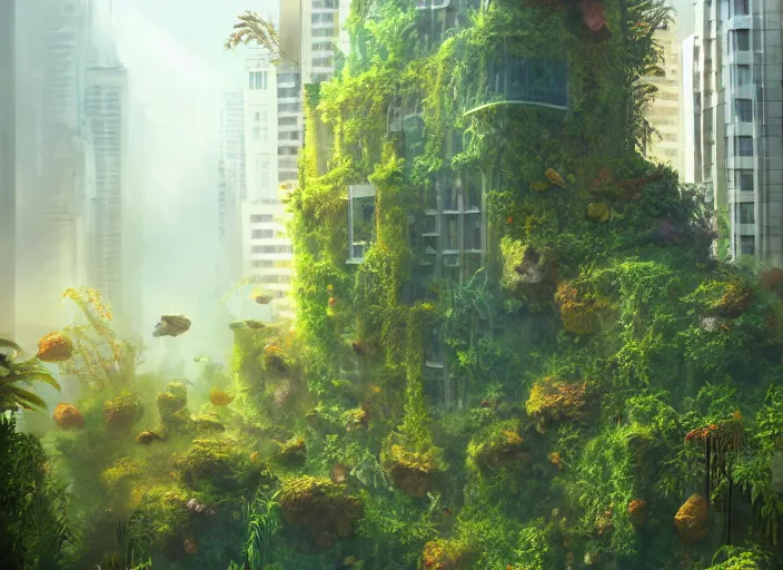 Image similar to overgrown foliage overtaking tall buildings, underwater environment, storefronts, coral, scenery, professional, award - winning, trending on artstation, detailed, realistic, beautiful, emotional, shiny, golden, picture