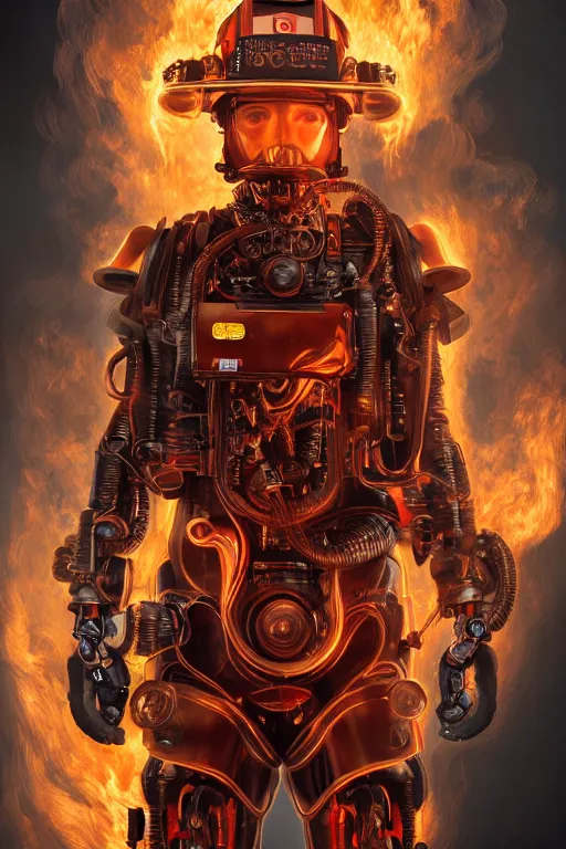 Image similar to a beautiful ultra detailed fine art portrait of a futuristic mechanical cybernetic fireman cyborg against backdrop of flames fire, by tom bagshaw and anna dittman, firefighter outfit uniform, flying amber, studio lighting, firefighter, golden ratio composition, 3 5 mm lens, cybernetic scifi, deep depth of field, artstation, 8 k