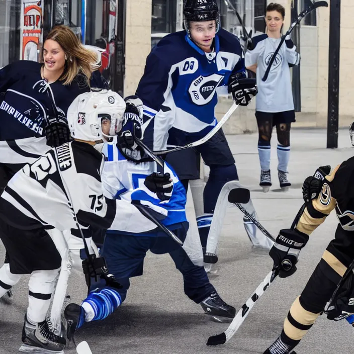 Prompt: auston matthews playing street hockey with sidney crosby's sister. sidney looks on in horror. cinematic