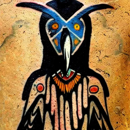 Image similar to raven - shaman with tatoo, prehistoric cave painting