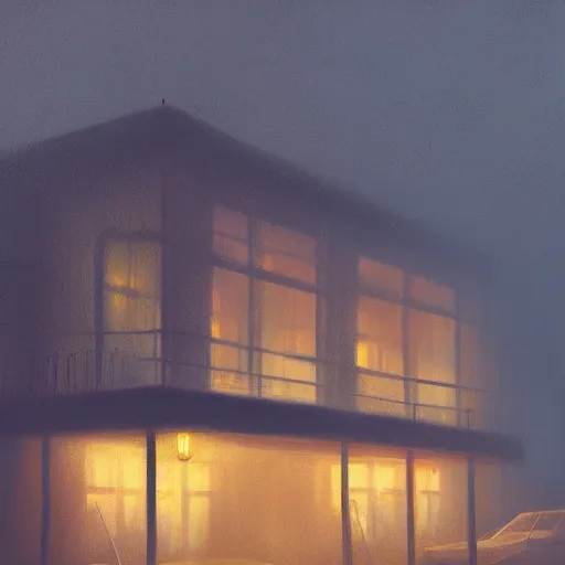 Prompt: shady two story motel in the foggy night, cinematic lighting, digital painting, artstation, concept art