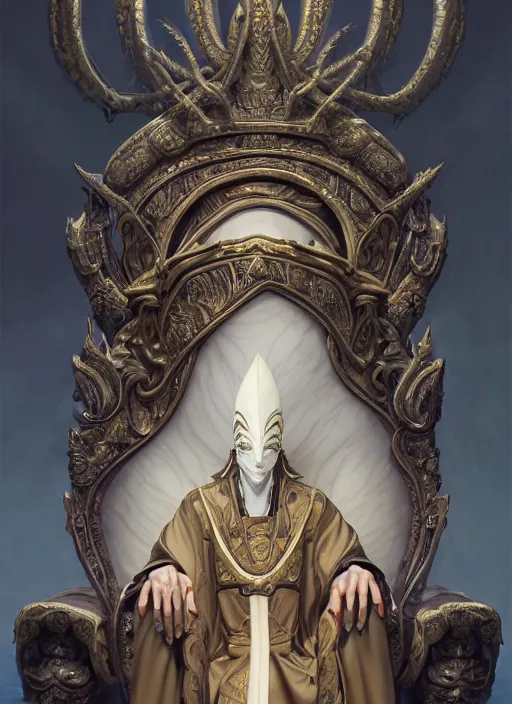 Image similar to slender high priest in a dark ornate robe, carved ivory headpiece, subsurface scattering, by jesper ejsing, justin gerard, tomasz alen kopera, cgsociety and fenghua zhong, highly detailed, rim light, cinematic lighting, illustration, art, octane render, very coherent, cinematic, high detail, octane render, 8 k