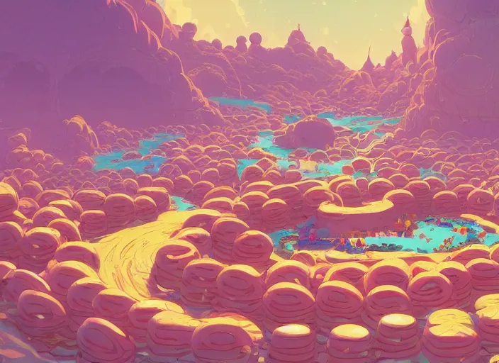 Prompt: concept art of a donut landscape made of donuts, cel shaded, in the style of makoto shinkai and moebius and peter mohrbacher and anton fadeev