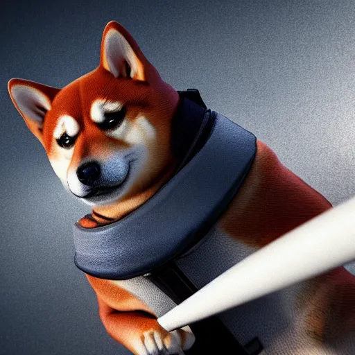 Image similar to muscular shiba inu holding a baseball bat, wearing a police uniform character design, highly detailed digital art, atmosphere, glow, lens flare, cinematic lightning, hyperrealistic, focused, extreme details, 4 k, ultra detailed, trending on artstation, masterpiece, digital art.