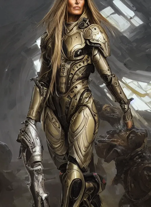 Image similar to a professional painting of Elle Macpherson, clothed in military armor, olive skin, long dark hair, beautiful bone structure, symmetrical facial features, intricate, elegant, digital painting, concept art, smooth, sharp focus, illustration, from StarCraft by Ruan Jia and Mandy Jurgens and Artgerm and William-Adolphe Bouguerea