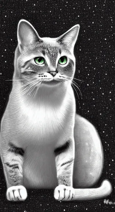 Image similar to highly detailed full body realistic pencil sketch of a beautiful cat with big green eyes in front of the universe