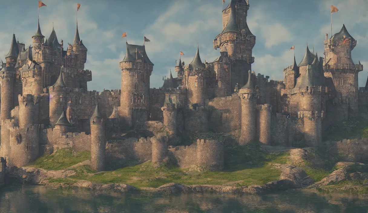 Image similar to a beautiful painting of a castle surrounded by a moat, cinematic angle, movie concept, trending on artstation, octane render, 8 k, ultra high detail