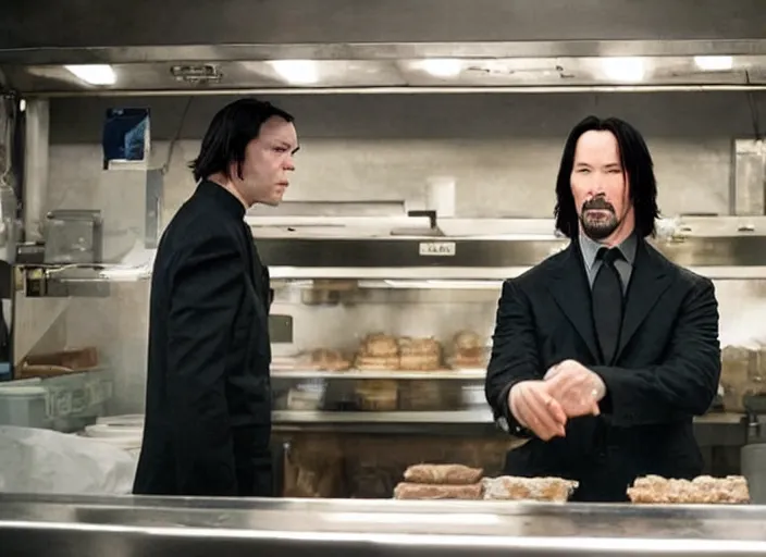 Image similar to film still of keanu reeves as agent smith working in a bakery in the new matrix movie, 4 k