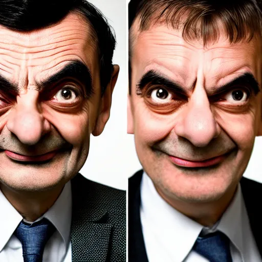 Image similar to A portrait mr bean teams up with a teenage mr bean, perfect faces, 50 mm, award winning photography