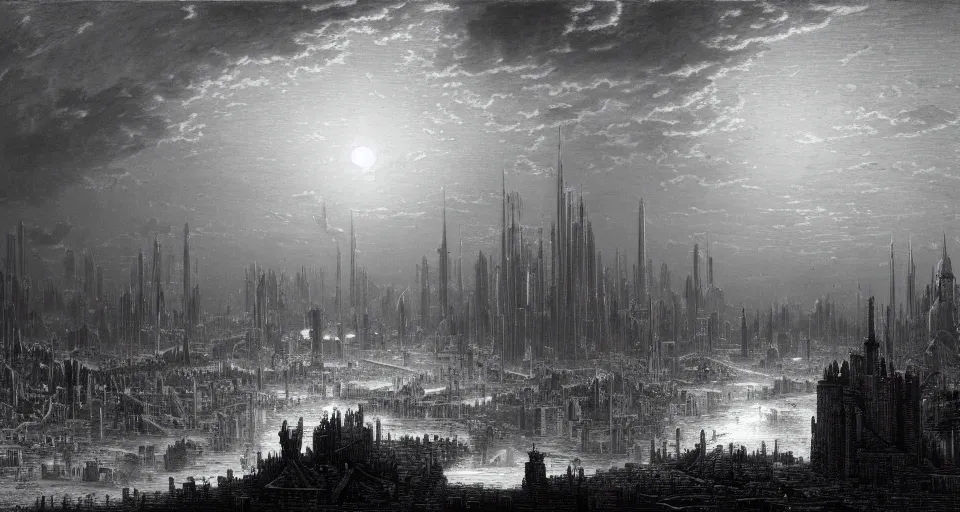 Prompt: view on futuristic city in the horizon, illustration by gustave dore, detailed, sharp, masterpiece, 8 k