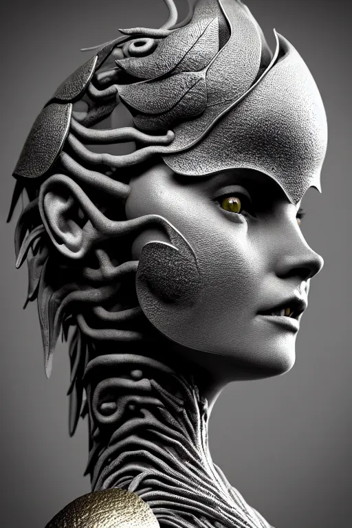 Prompt: monochrome close - up profile face, black background, beautiful young porcelain vegetal - dragon - cyborg - female, 1 5 0 mm, beautiful natural soft rim light, silver gold details, magnolia leaves and stems, roots, mandelbot fractal, elegant, hyper real, ultra detailed, white metallic armour, octane render, 1 6 k