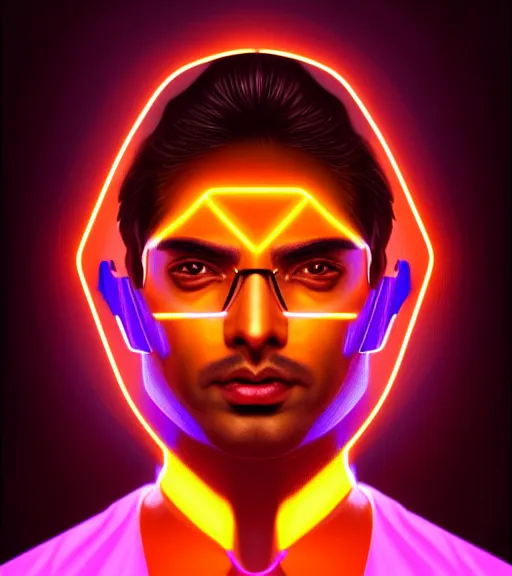 Image similar to symmetry!! indian prince of technology, solid cube of light, hard edges, product render retro - futuristic poster scifi, lasers and neon circuits, brown skin handsome indian prince, intricate, elegant, highly detailed, digital painting, artstation, concept art, smooth, sharp focus, illustration, dreamlike, art by artgerm