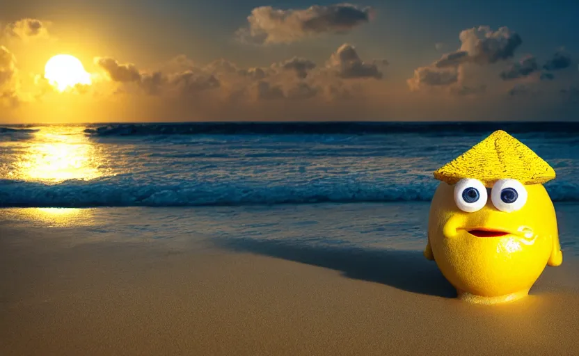 Prompt: 5 0 mm photograph, of a real anthropomorphic lemon character, unique style, with lemon skin texture, it is wearing a hat and scuba diving, building a sandcastle on the beach at sunset, beach, huge waves, sun, clouds, tropical trees, rim light, cinematic photography, professional, sand, sandcastle, volumetric lightening