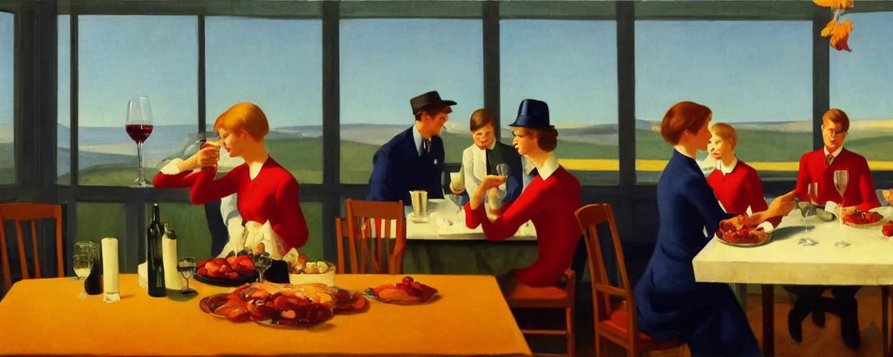 Prompt: a conservative family toasting glasses of wine at Thanksgiving Dinner, picture in the style of Edward Hopper