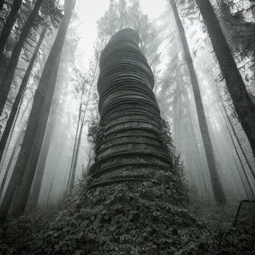 Prompt: creepy spiral stairway in middle of forest, spiral stairs leading to nowhere!, dark foggy misty colors!, dark forest from evil realm