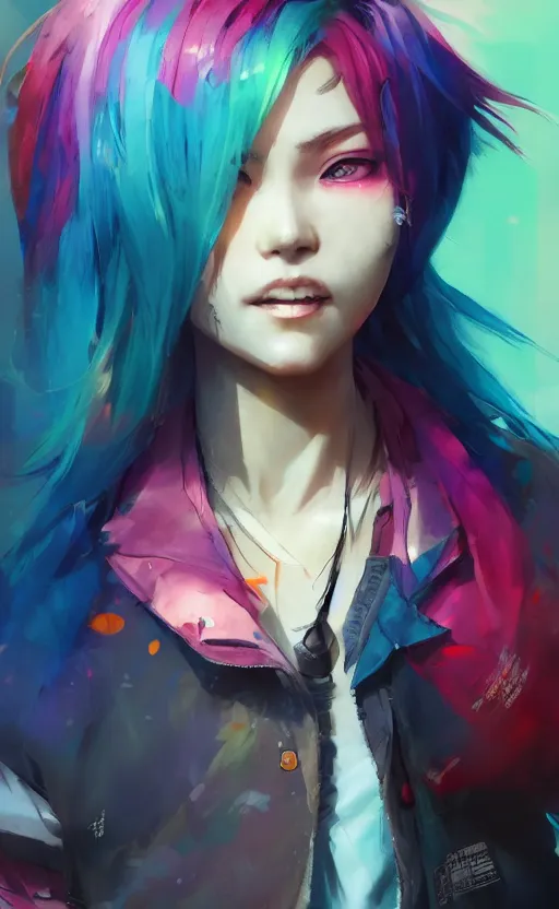 Prompt: a kawaii woman with rainbow hair smiling, kawaii shirt and jeans, In style of Yoji Shinkawa, wojtek fus, by Jordan Grimmer and greg rutkowski, concept art, highly detailed