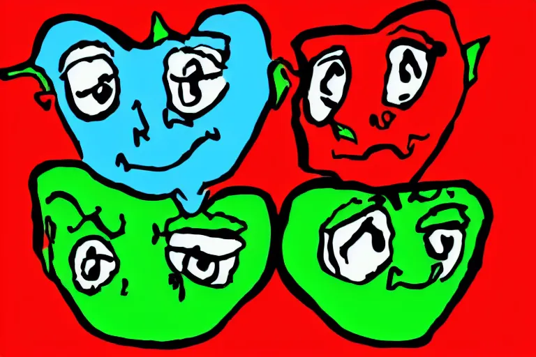 Prompt: red on green blue black simple colors white background simple ms paint doodle of group portrait of grey goblins looking funny looking smug