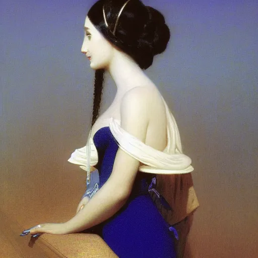 Image similar to a young woman's face, her hair is white and she wears a cobalt blue satin cloak, by ivan aivazovsky and syd mead and moebius and gaston bussiere and roger dean and pieter claesz and paul delaroche and alma tadema and aelbert cuyp and gerard borch, hyperrealistic, volumetric light, octane render