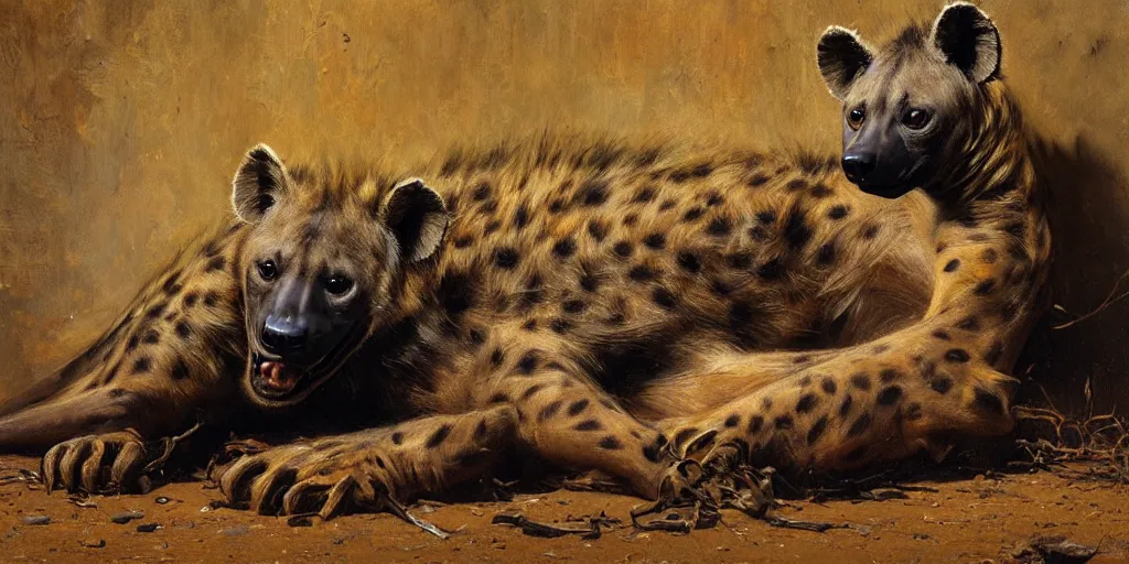 Prompt: an exhausted hyena wearing tshit and jeans sitting on the floor. highly detailed painting by gaston bussiere, craig mullins, j. c. leyendecker 8 k