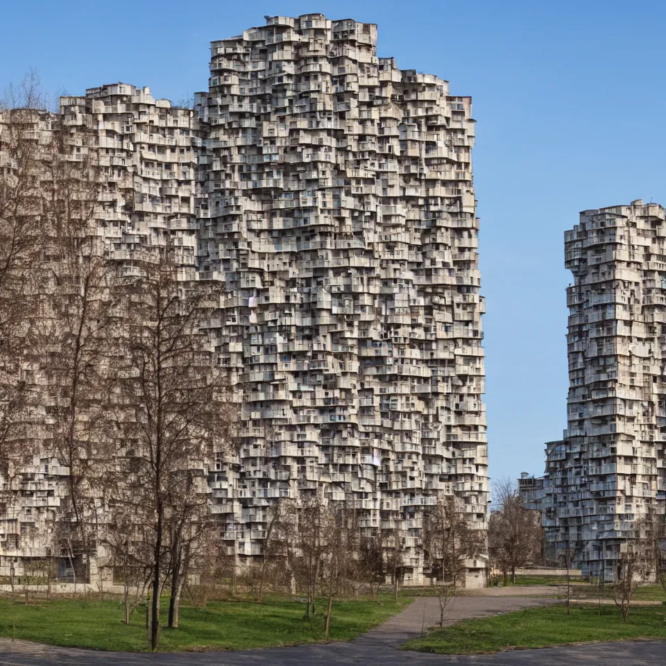 Image similar to Photograph of a generic soviet communist residential block, sunny weather