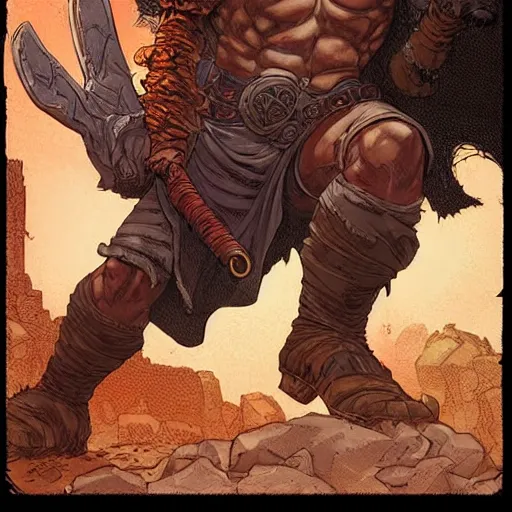Prompt: precisely drawn illustration of Conan blended with Madmartigan, wide angle, sharp, fine details, French comic style, vibrant realistic colors, full color, heroic fantasy, intense line art, 8k, precise linework, realistic, in the style of Heavy Metal Comics and Richard Corben and Moebius