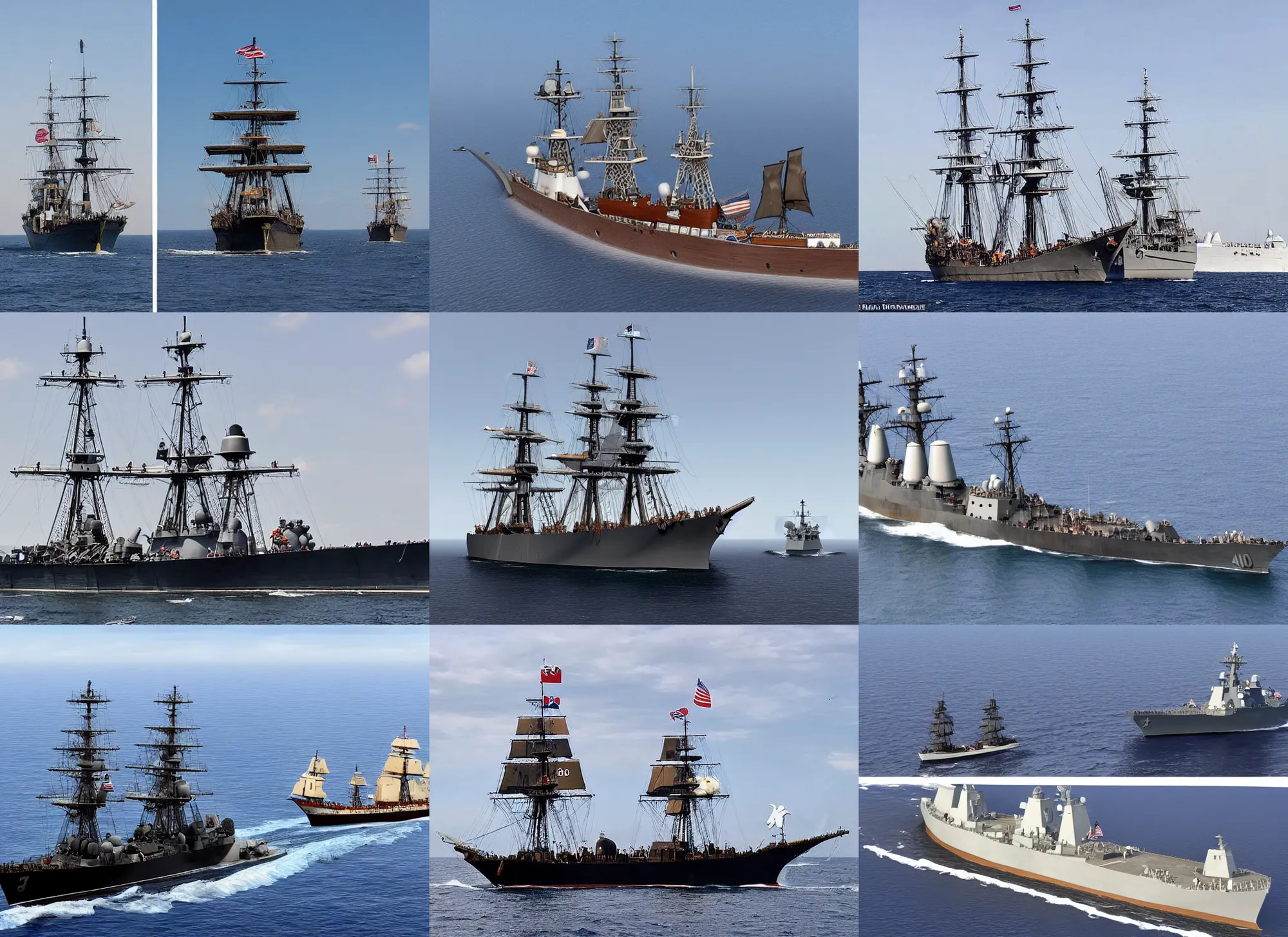 Prompt: a 1700s pirate ship sailing next to modern day US destroyer sailing side by side, hyper-realistic