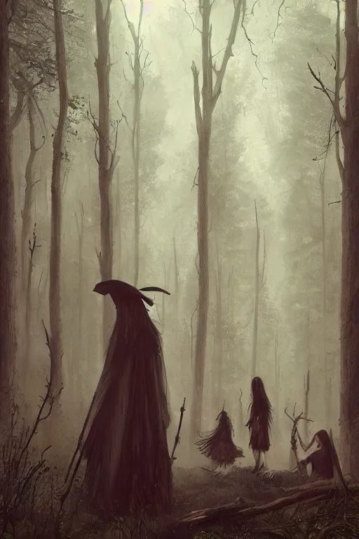 Image similar to Witch coven in the forest, horror, illustrated by Greg Rutkowski and Caspar David Friedrich., Trending on artstation, artstationHD, artstationHQ, 4k, 8k