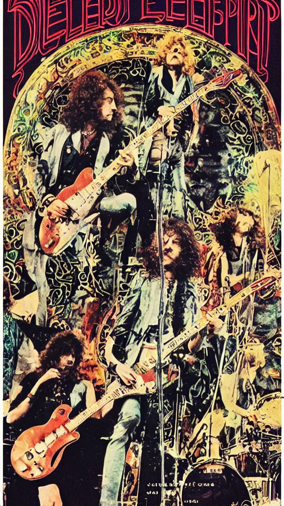 Image similar to Led Zeppelin concert poster circa 1969, Madison Square Garden, colorized, Robert plant, Jimmy Page, guitars, drum kit, art nouveau style, highly detailed