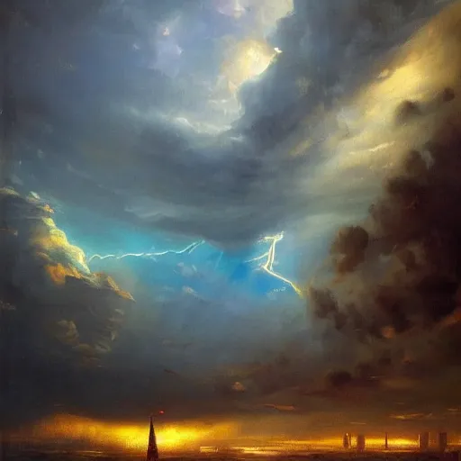 Image similar to oil painting of a futuristic city near to a big lake, dramatic storm clouds, sunrays, dramatic, very very very beautiful art, cinematic lighting, romanticism by goya, bright pastel color, blue sky