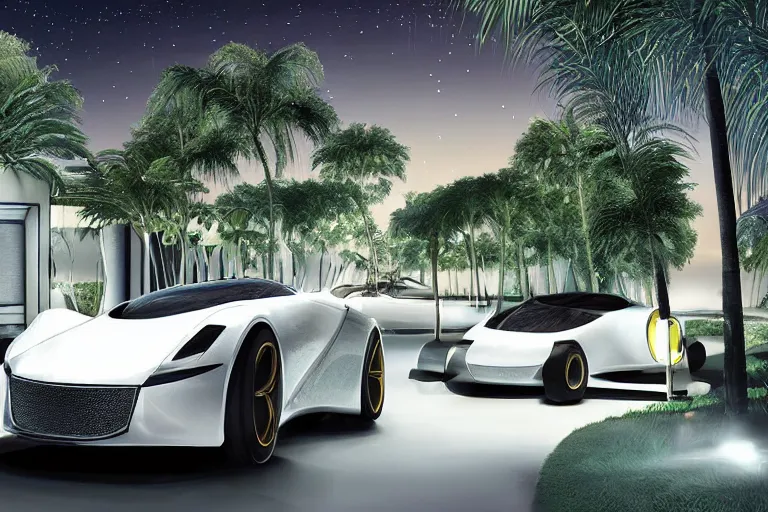 Image similar to modern chic luxurious sports car parked, with Singaporean lush garden with royal white luxurious gold colors, advanced civilization, high-end, at the Sea Of Stars of Vaadhoo Island Maldives, Bioluminescent sea plankton that shines bright blue during the night makes the sea area, glowing water, intricate, elegant, luxurious, digital painting, concept art, smooth, sharp focus, from Star Trek 2021, illustration, by WLOP and Ruan Jia and Mandy Jurgens and William-Adolphe Bouguereau, Artgerm