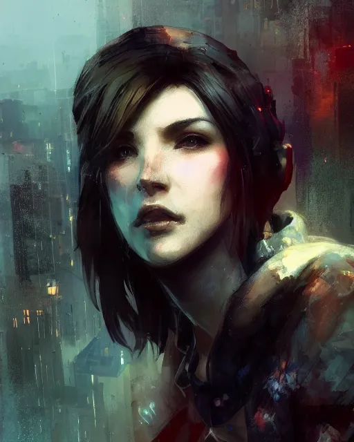 Image similar to beautiful charismatic, rugged jill valentine, face centered portrait, confident, ruined cityscape, fog, rain, volumetric lighting, soft light particles floating near her, illustration, perfectly shaded, soft painting, art by krenz cushart and wenjun lin