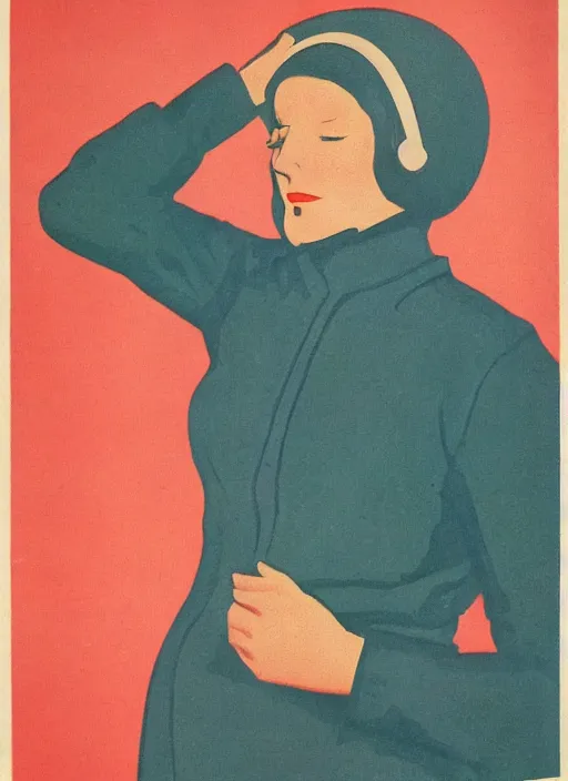 Image similar to soviet propaganda psoter of a woman covering her ears and with closed eyes