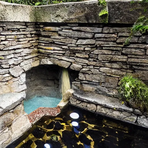 Prompt: A great round hole gaped in the side of a lofty stone wall, and from it came an unceasing drip, drip of water. The pool below was very wide and darkly deep, with secretive fish swimming in shadowed mystery, but never coming to the surface.