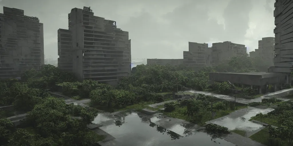 Image similar to brutalist concrete pyramids by Le Corbusier, abandoned temples, empty city streetscapes, surrounded by lush green vegetation, ground-level view, puddles of water, stunning volumetric lighting, sunset, trending on Artstation, 8k, photorealistic, hyper detailed, unreal engine 5, cinematic, epic lighting, cryengine, octane render, cyberpunk,, dark, gloomy