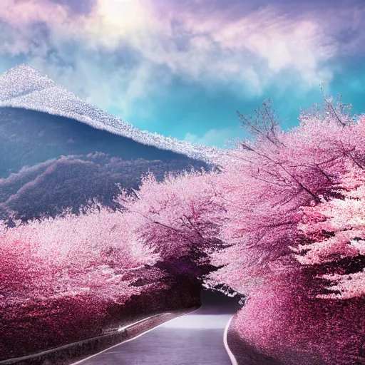 Image similar to Snowy mountain covered in cherry blossom trees , hd, intricate, hyper detailed, award winning, beautiful, 8k, digital art, surreal