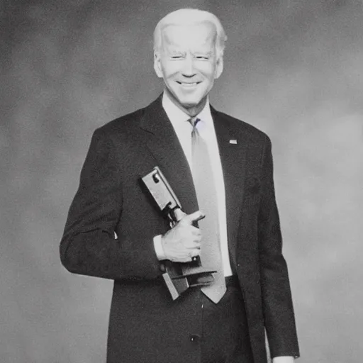 Prompt: stereoscopic card photograph of a live joe biden holding a gun
