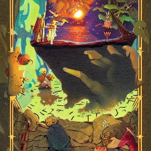 Image similar to have had dark evenings in which children intensely imaginative storybook illustration, by François de Nomé and Martin Johnson, tarot card, voxel abandonable sharp lake pan blood, by Joe Jusko and Mark