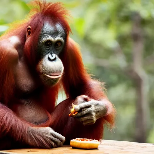 Image similar to an orangutan sitting at a desk, eating a burger, photorealism, 4 k, 8 k, shot by jimmy nelson, intricate