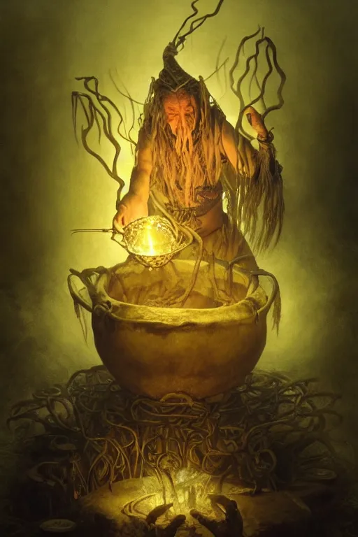 Image similar to a centered render of a wise and mystical tribal shaman brewing a cauldron that summons the souls of ancestors past, cinematic, beautifully lit, by brian froud, by karol bak, by donato giancola, 3 d, trending on artstation, octane render, 8 k