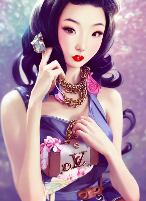 Image similar to a pin up and beautiful fashion dreamlke japan girl with lv jewelry, character art, art by artgerm, wlop, loish, hyperdetailed, 8 k realistic, symmetrical, global illumination, radiant light, frostbite 3 engine, cryengine, dof, trending on artstation, digital art, chanel, dior, detailed background