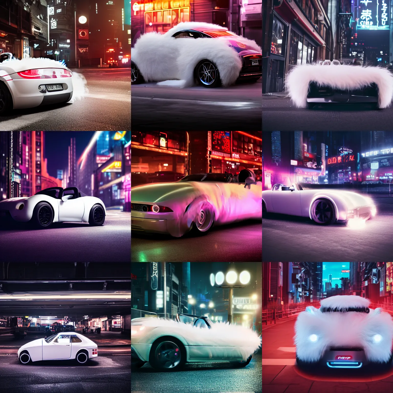 Prompt: a fluffy roadster covered with white fur, with two headlights, looked like a British Shorthair cat, parking in the street, Cyberpunk, neon light, 4k, hd, highly detailed