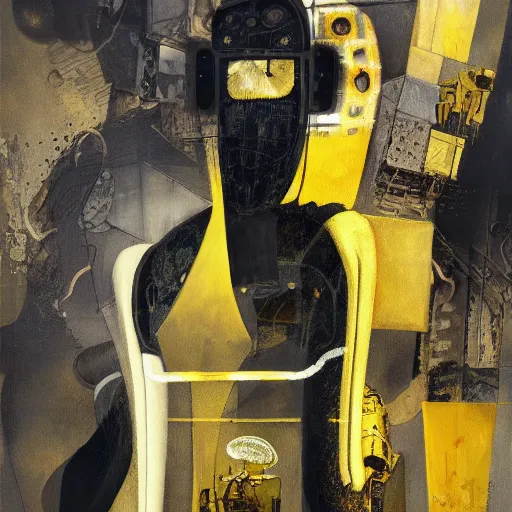 Image similar to a robot kerberos in yellow noir without memory nor feelings, althoughbhe believes he is a god, oil on canvas by dave mckean and james jean