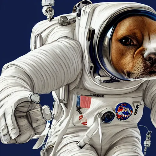 Image similar to a dog in a astronaut suit, 3d, sci-fi fantasy, intricate, elegant, highly detailed, lifelike, photorealistic, digital painting, artstation, illustration, concept art, sharp focus, art in the style of Shigenori Soejima