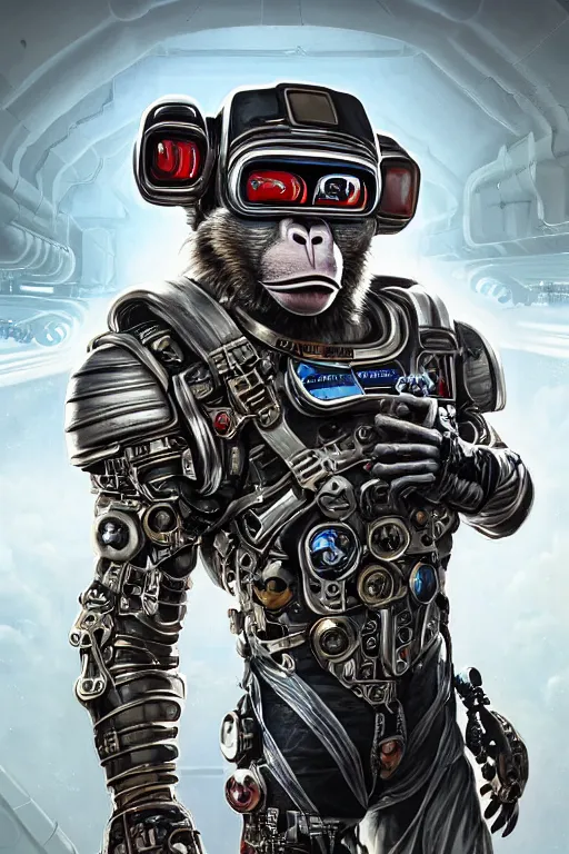 Image similar to a portrait of a muscular anthropomorphic cyberpunk monkey in spacesuit armor with ensignia on chest plate by sandra chevrier, by jon foster, detailed render, post - processing, extremely hyperdetailed, intricate, epic composition, cybernetics, 4 k realistic, cryengine, realistic shaded lighting, sharp focus, masterpiece, by enki bilal