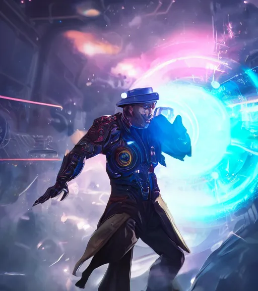 Prompt: a man in a holographic cloak firing a mechanical gatling gun, character splash art, fighting pose, action pose, digital painting, WLOP, trending on artstation, 8k, epic composition, highly detailed, sharp focus