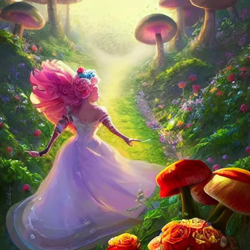 Image similar to portrait of princess peach, running up a hill of exotic flowers in the Mushroom Kingdom, giant mushrooms, and roses, from behind, Castle in distance, birds in the sky, sunlight and rays of light shining through trees, beautiful, solarpunk!!!, highly detailed, digital painting by Michael Garmash and Peter Mohrbacher